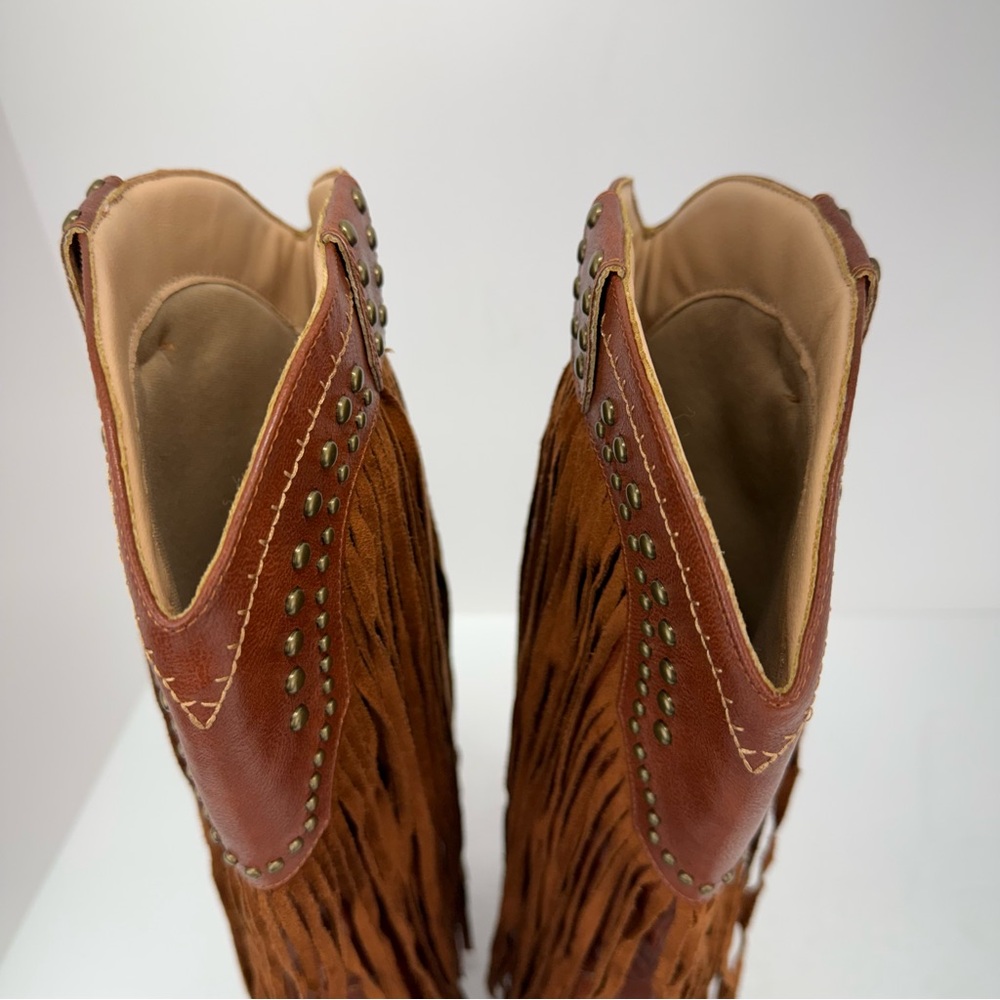 Styleloop size 7 Women’s Tan Faux Leather Studded Fringe Western Cowboy Boots - Picture 6 of 15